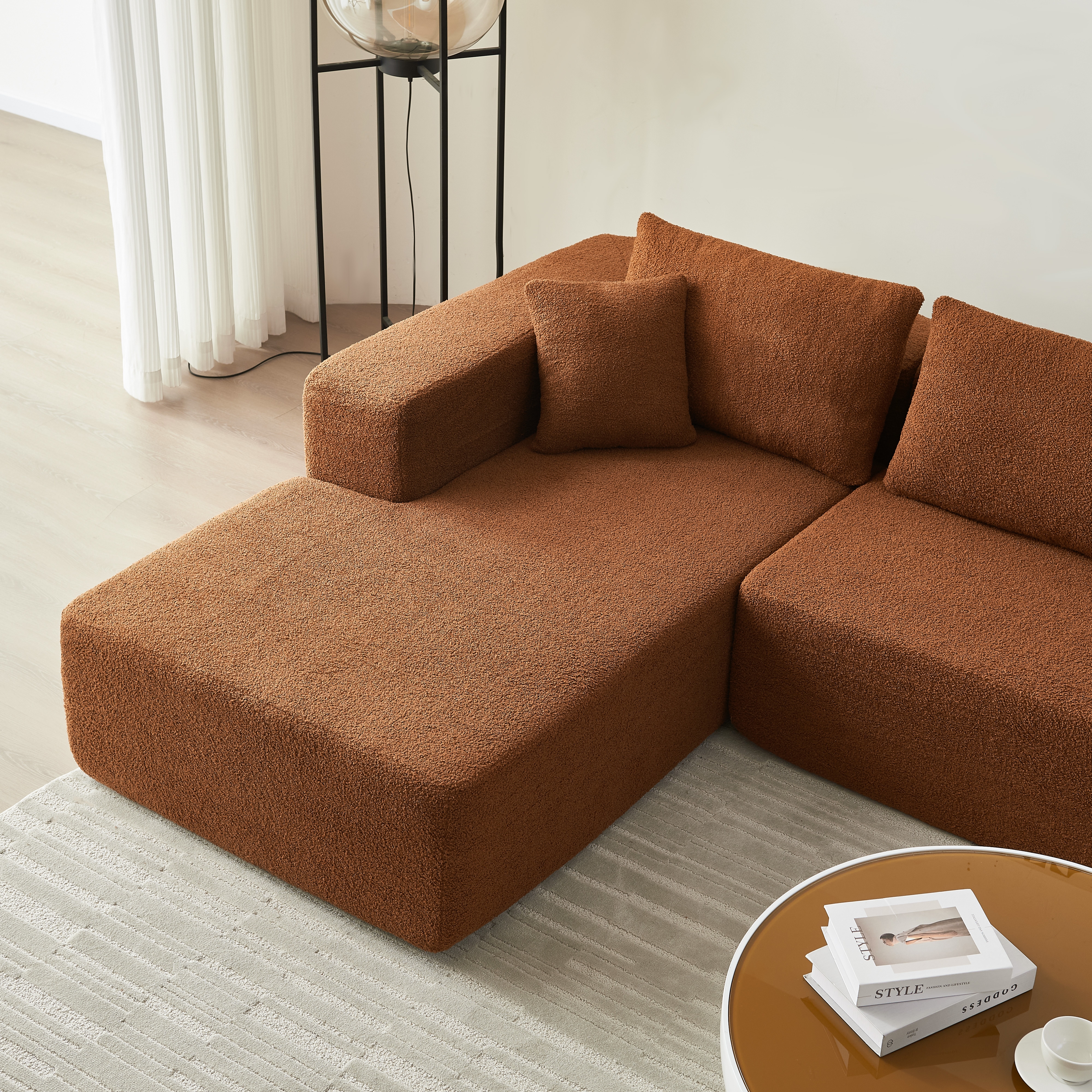 104.33" Sponge Sectional Sofa Couch for Living Room, L Shaped Modern Lamb Modular High Density Sponge Floor Sofa, Sherpa Fabric Sofa Couch with Chaise Lounge & Pillows, Upholstered Corner Cloud Couch 